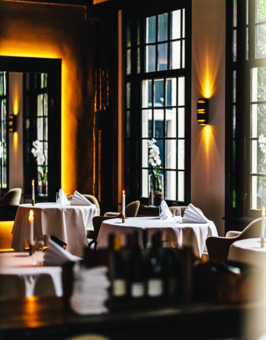 Interior of 2 Michelin star restaurant Vinkeles, in luxury boutique hotel, The Dylan Amsterdam.