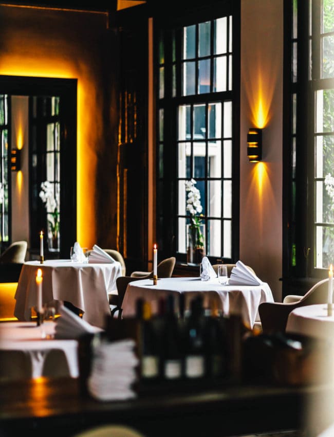 Interior of 2 Michelin star restaurant Vinkeles, in luxury boutique hotel, The Dylan Amsterdam.