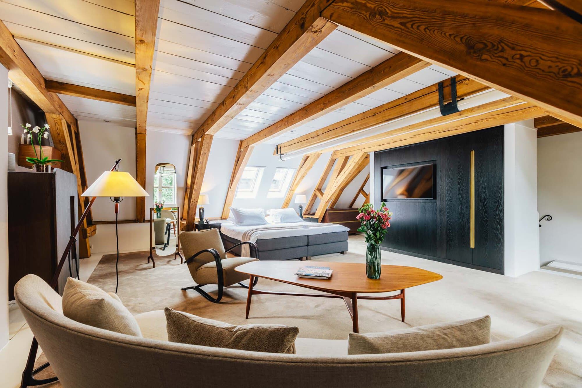 A loft style room at botique hotel The Dylan Amsterdam, leading hotels of the world.